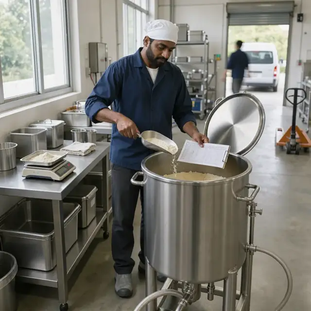 a worker standing beside a large stainless steel mixing vessel adding ingredients from a scale while checking a printed batch sheet