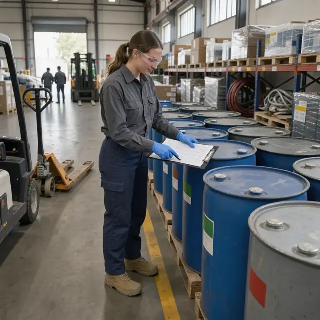 a worker in a warehouse aisle checking chemical drums and comparing them to an inventory checklist on a clipboard