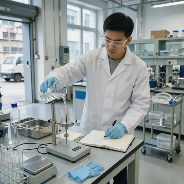 a worker in a laboratory pouring a sample of clear liquid from a beaker into a viscometer while noting readings on a lab notebook