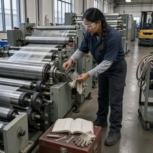 a worker in safety glasses lubricating the rollers on a large film converting machine with an open maintenance logbook resting on a toolbox