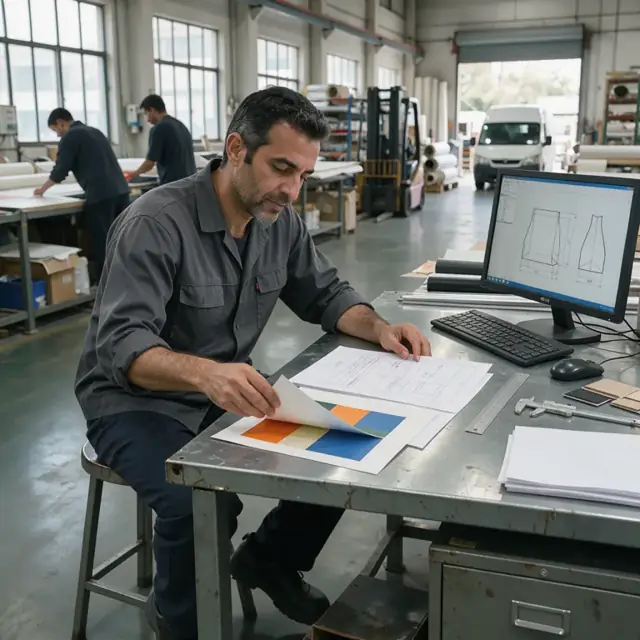 a worker at a metal desk examining specification sheets and a color artwork proof next to a computer monitor showing a bag diagram
