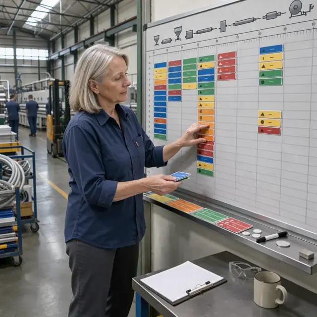 a worker standing at a large wall-mounted scheduling board placing color-coded cards representing orders along a timeline next to extrusion line icons
