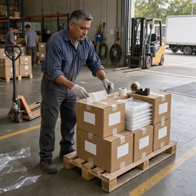 a worker applying labels to stacked boxes of plastic bags on a pallet in a shipping dock area with a forklift in the background