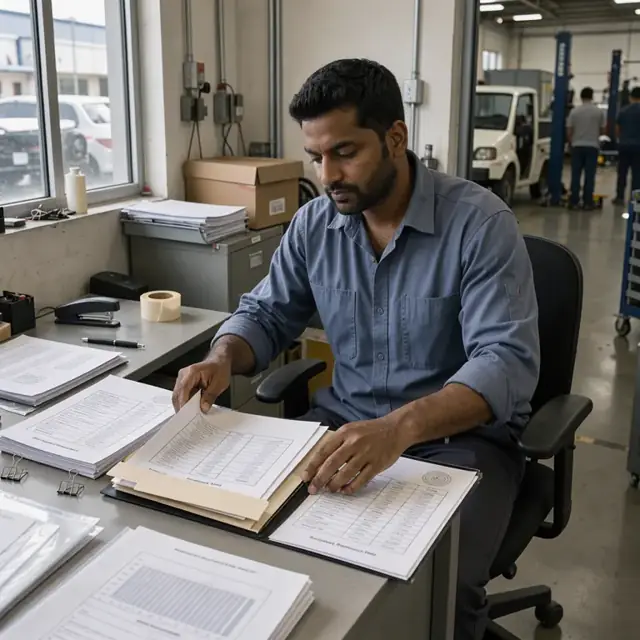 a worker at a desk organizing test reports, material safety sheets and printed certificates into a customer folder