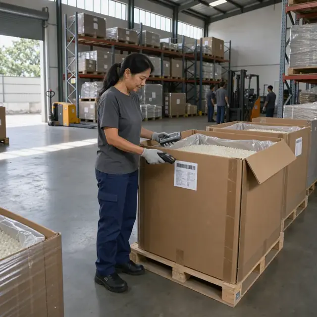 a worker scanning resin lot labels on large gaylord boxes inside a warehouse with tall metal racks