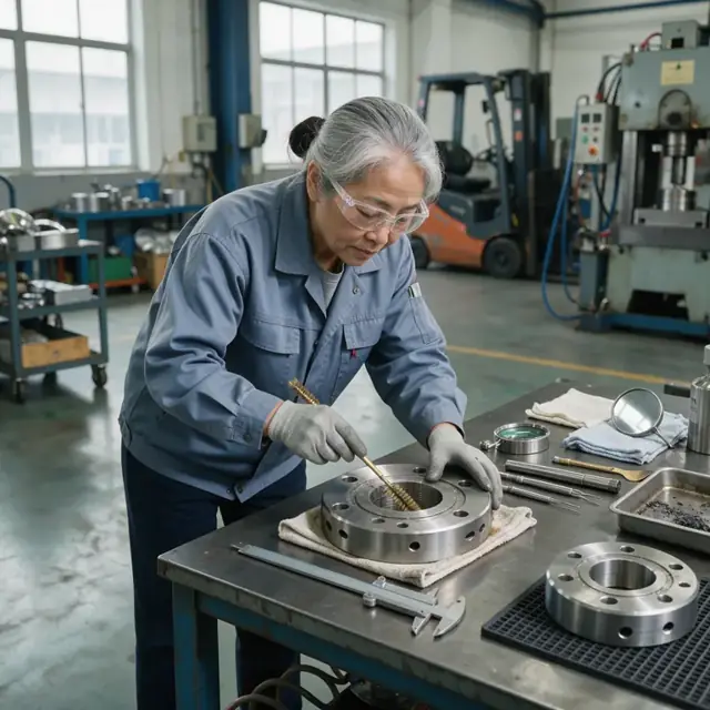 a worker wearing gloves carefully cleaning and inspecting a metal extrusion die on a workbench with precision tools nearby