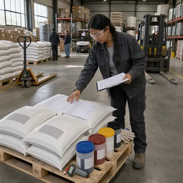 a worker in a warehouse checking resin bags and colorant containers against a printed material requirements sheet