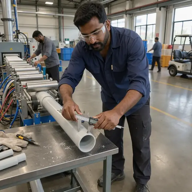 a worker using digital calipers to measure the wall thickness of a freshly extruded plastic tube at the end of an extrusion line
