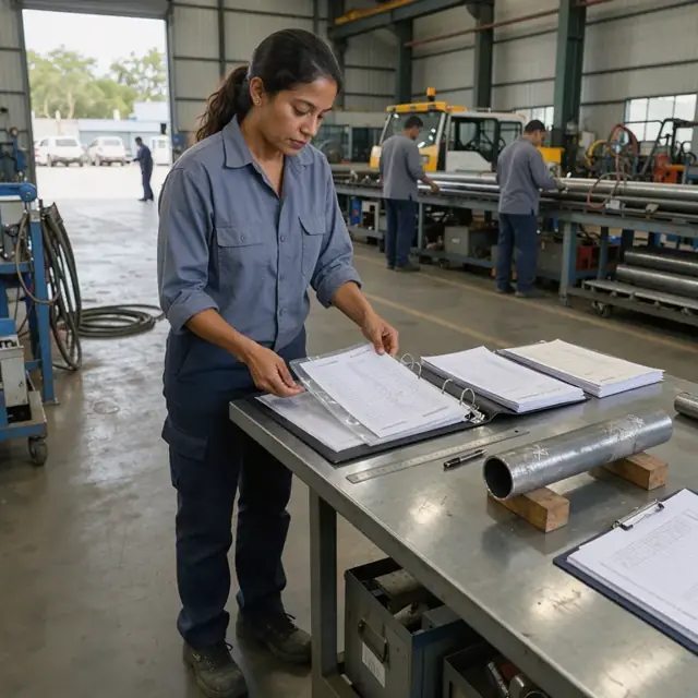 a worker organizing printed test reports and material certificates in a binder at a metal desk beside a pipe sample