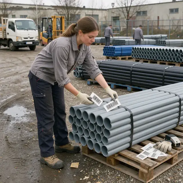 a worker applying barcode labels to strapped bundles of plastic pipe stacked in an outdoor yard