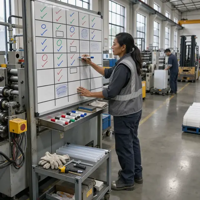 a worker standing at a large wall-mounted production board marking extrusion line status with dry-erase markers