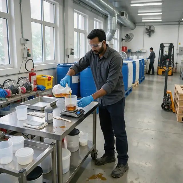 a worker measuring resin and hardener components on a digital scale in a well-ventilated mixing room with barrels and safety equipment visible