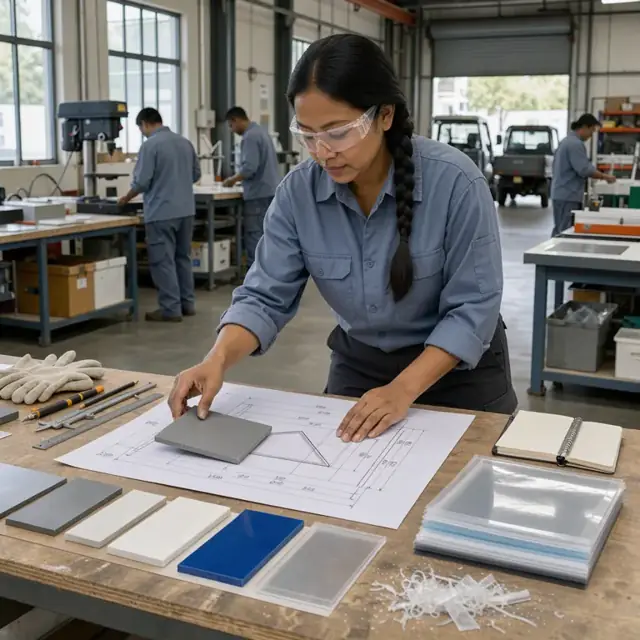 a technician at a workbench examining technical drawings and material samples next to a stack of laminated plastic sheets