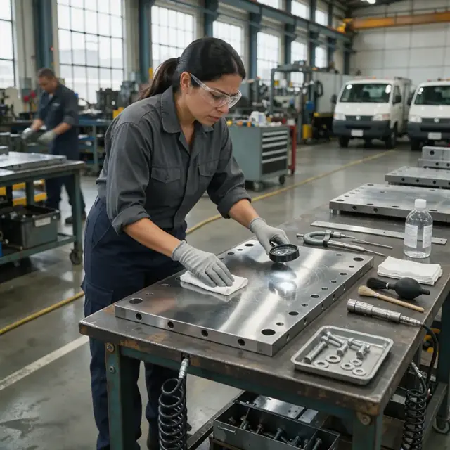 a technician cleaning and inspecting a large polished steel press plate with precision tools on a maintenance workbench