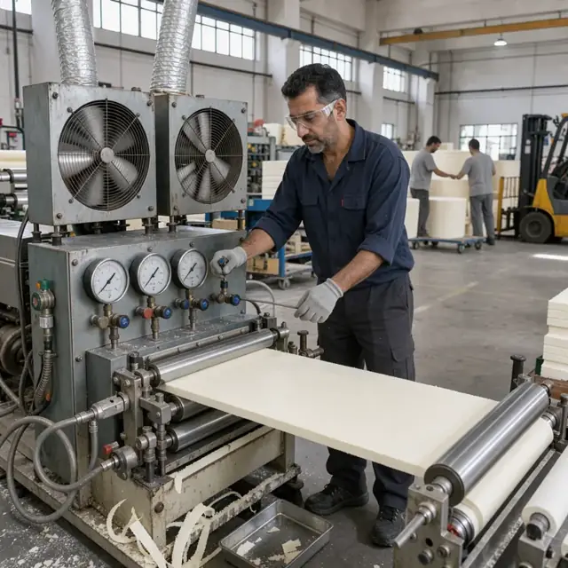 a worker wearing safety glasses checking pressure gauges and ventilation fans on an extrusion line producing polystyrene foam sheet