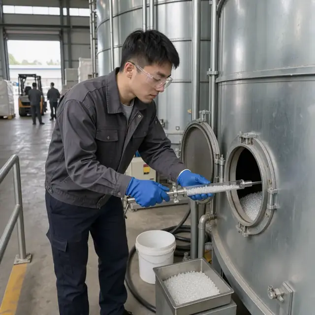 a worker in protective gloves checking resin bead levels inside a large metal silo with a sampling probe