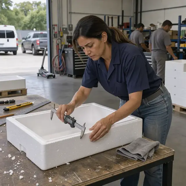 a worker using digital calipers to measure the wall thickness of a white polystyrene foam cooler liner on a workbench