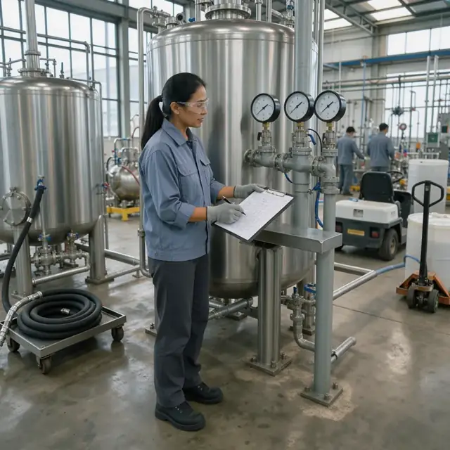a worker in safety glasses checking ventilation gauges and completing a chemical log sheet beside large mixing tanks