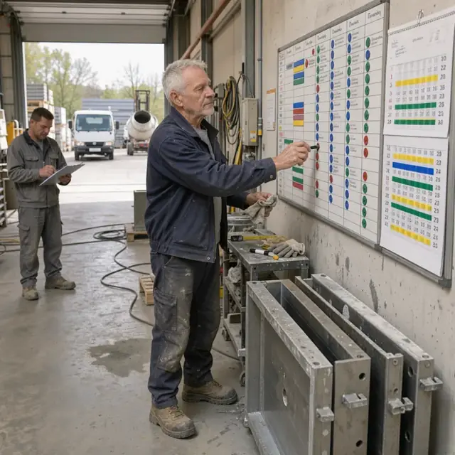 a worker standing at a large scheduling board marking pour times beside open molds and a calendar showing cure durations