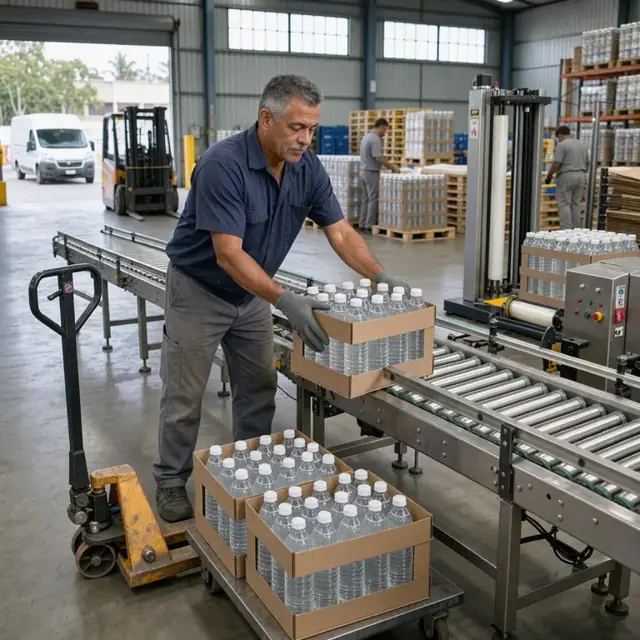 a worker positioning cases of plastic bottles on a conveyor before a labeling machine and pallet wrapper