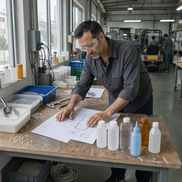 a worker at a workbench examining technical drawings and sample plastic bottles next to bins of resin pellets