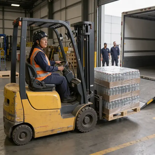 a worker operating a forklift to move a stretch-wrapped pallet of bottled cases toward a loading dock with a truck present