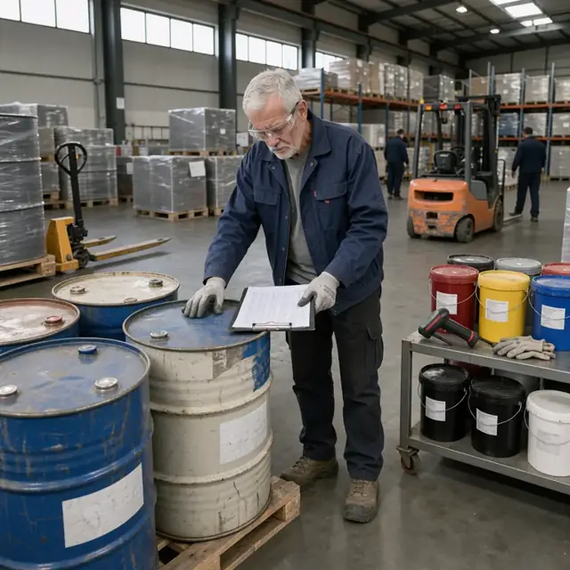 a worker checking resin storage drums and colorant containers against an inventory sheet in a warehouse