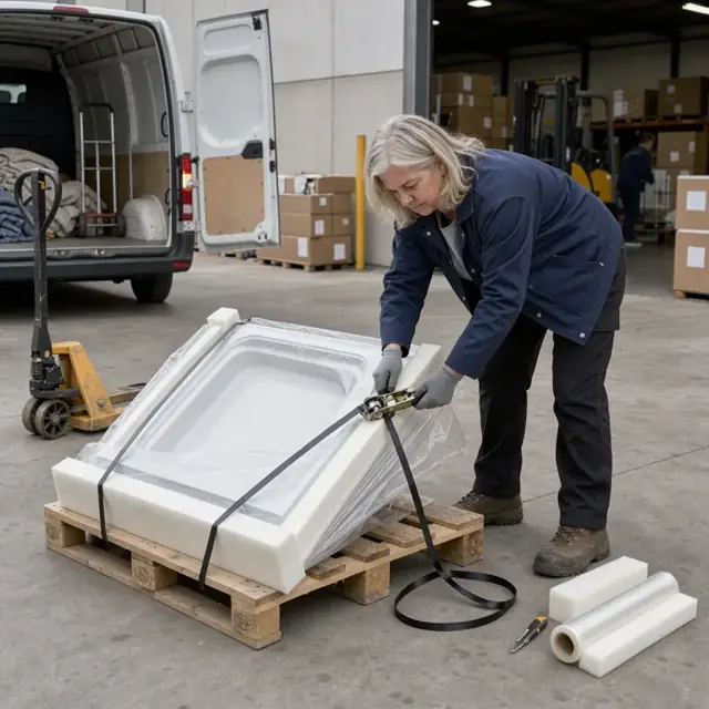 a worker securing protective foam and strapping around a large plastic shower base on a shipping pallet