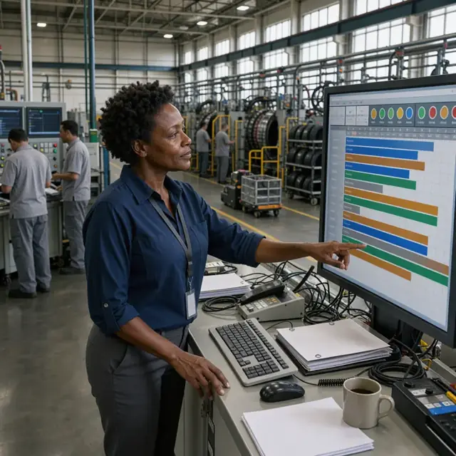 a planner reviewing a digital production schedule on a large screen in a control room overlooking rows of tire curing presses