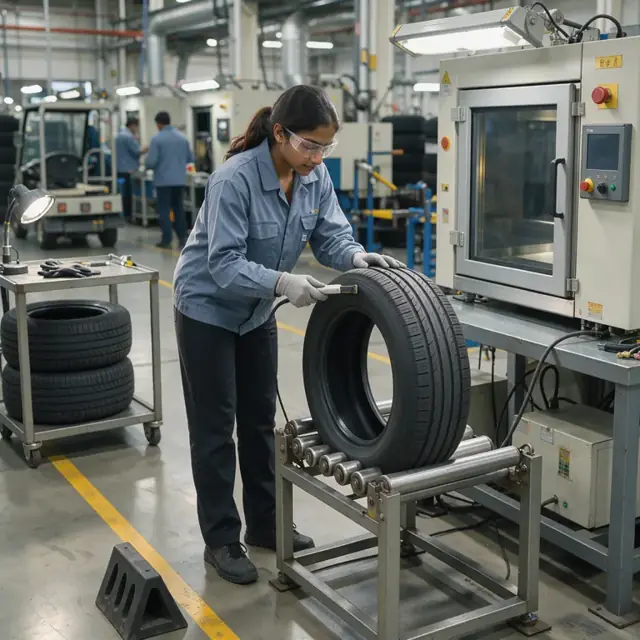 a worker scanning the sidewall of a freshly cured tire under bright inspection lights with an X-ray machine nearby