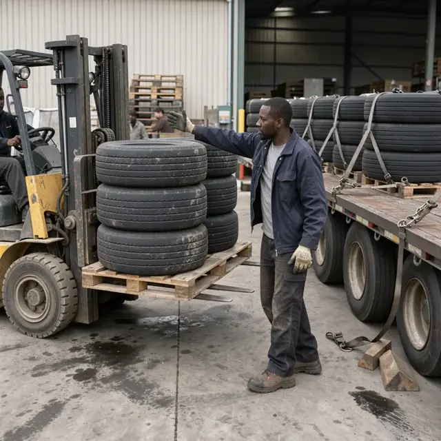 a forklift loading stacked retreaded truck tires onto a flatbed trailer at a loading dock
