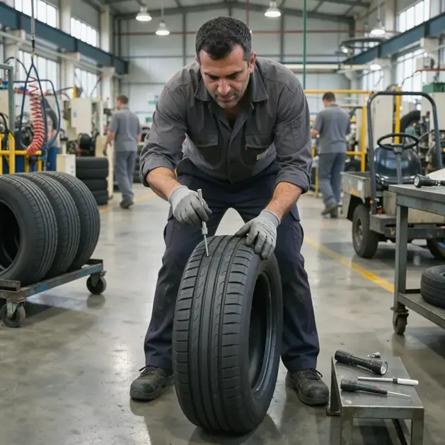 a worker using a probe to check tread depth on a freshly cured retread tire standing in a brightly lit inspection area