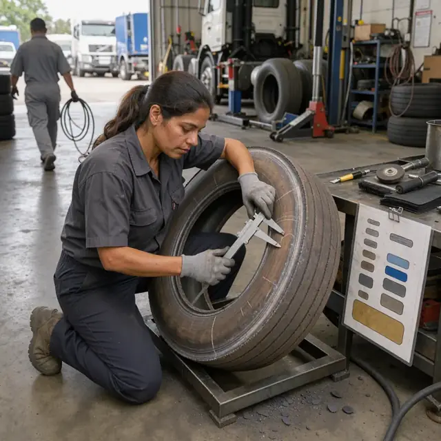 a worker measuring a buffed truck tire casing with calipers next to a chart showing repair patch sizes