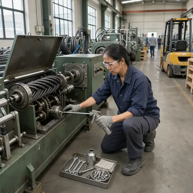 a mechanic performing preventive maintenance on a large industrial hose braiding machine in a manufacturing plant