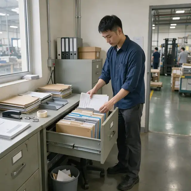 a worker organizing stacks of test reports and material certification folders in a filing cabinet inside an office adjacent to the production floor