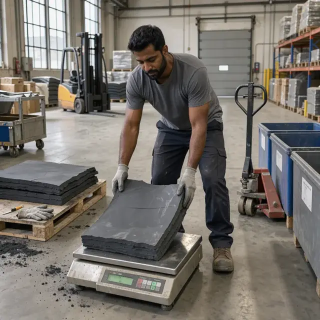 a worker in a stockroom weighing slabs of raw rubber compound on a digital scale beside labeled storage bins