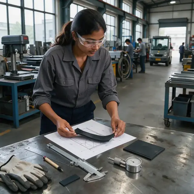a worker at a steel workbench examining a technical drawing and rubber sample next to a caliper and durometer gauge