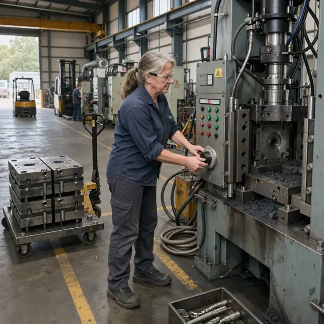 a worker setting temperature controls on a large rubber injection press with molds stacked on a cart nearby