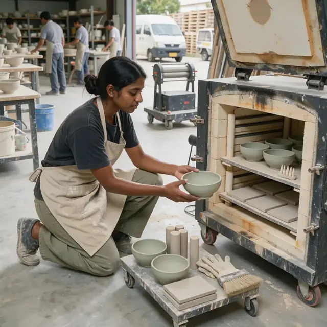a potter carefully placing greenware ceramic bowls and tiles onto refractory shelves inside an open kiln with pyrometric cones visible
