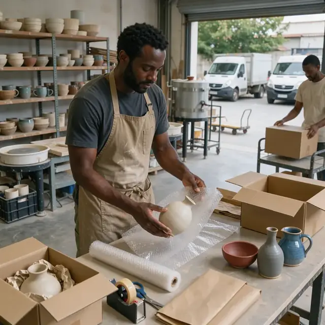 a potter wrapping finished ceramic vessels in bubble wrap and placing them into sturdy cardboard boxes on a packing table