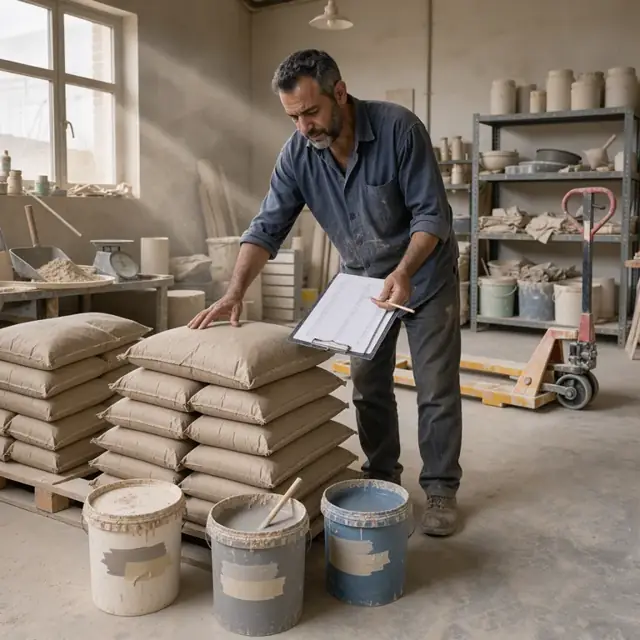 a potter checking bags of dry clay and buckets of liquid glaze against an inventory checklist inside a dusty materials storage room