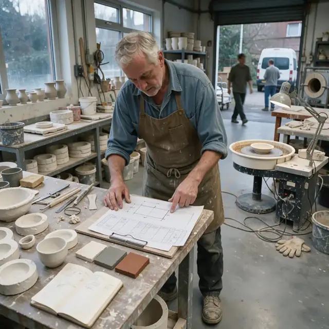 a potter reviewing detailed order specification sheets attached to a workbench covered with plaster molds and clay test tiles