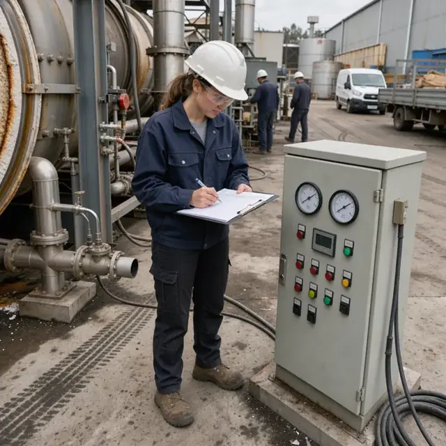 a worker recording kiln temperature and emissions data on a clipboard beside a control panel