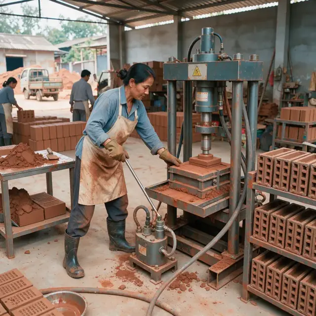 a worker operating a hydraulic press forming clay bricks while molds wait on racks nearby