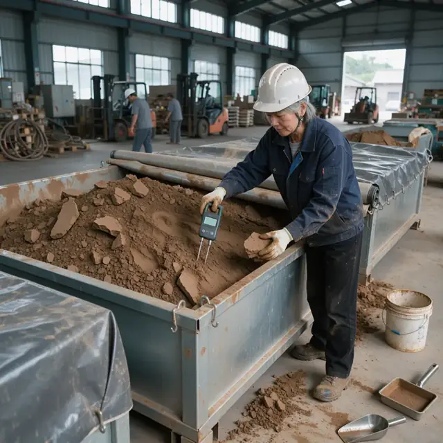 a worker checking moisture content of bulk clay stored in a large covered bin inside a factory warehouse