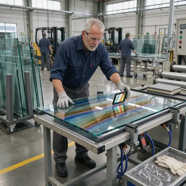 a worker wearing gloves and safety glasses inspecting a tempered glass sheet under polarized light on an inspection table in a glass factory