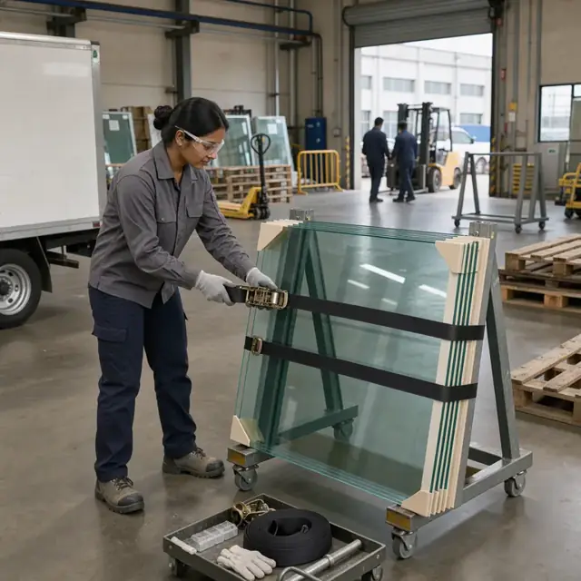 a worker securing large glass sheets on an A-frame rack with straps and interleaving paper inside a factory loading dock