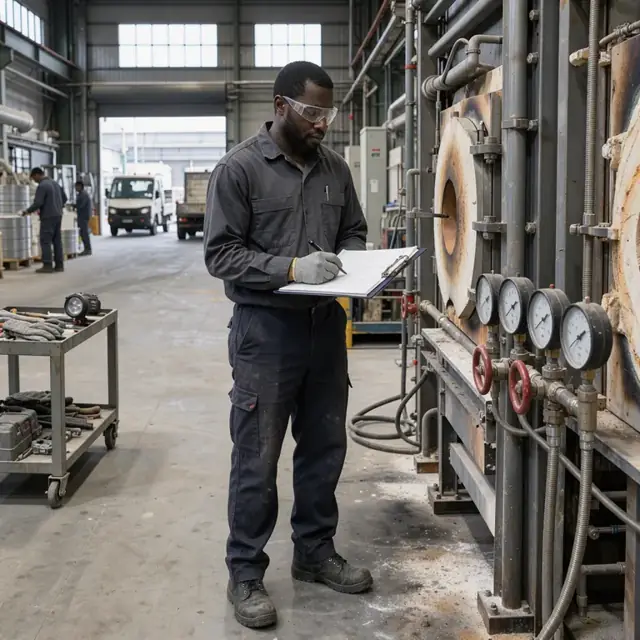 a worker in safety glasses checking pressure gauges and writing on a furnace log sheet beside a large industrial kiln