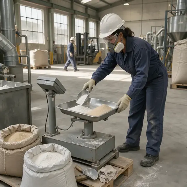 a worker wearing protective gear weighing silica sand and soda ash on an industrial scale in the batch house