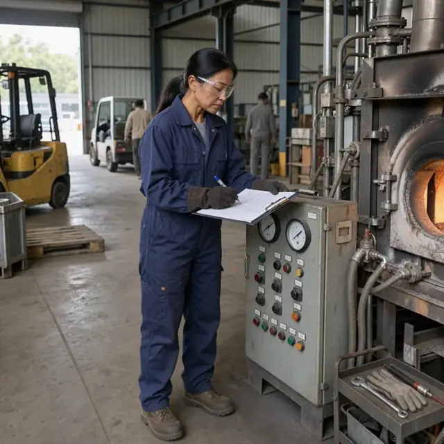 a worker in safety glasses recording furnace temperature and pressure readings on a control panel clipboard